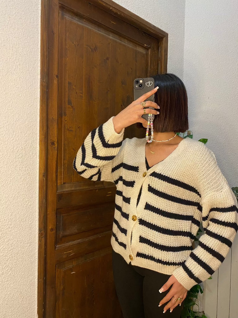 gilet femme rayé noir et blanc en tricot