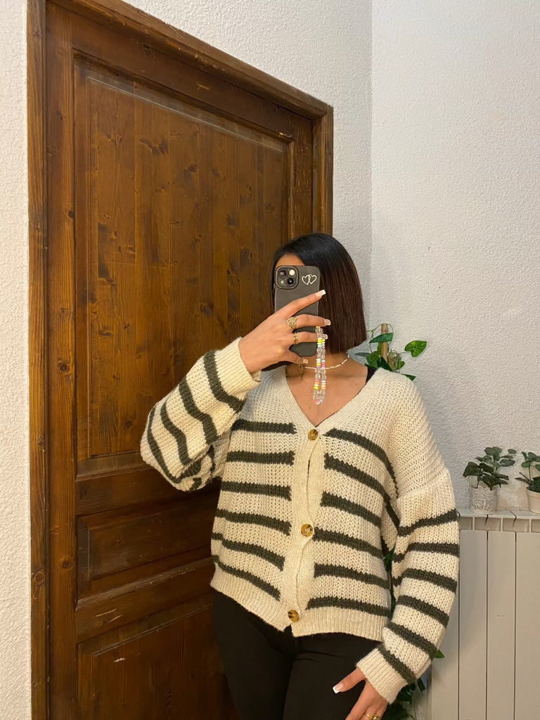 gilet femme rayé beige et vert